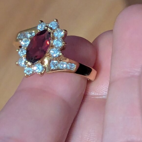 Joseph Cleary Gold Tone Ring Marquee Cut Red Garnet Bypass Statement JC - Picture 11 of 12